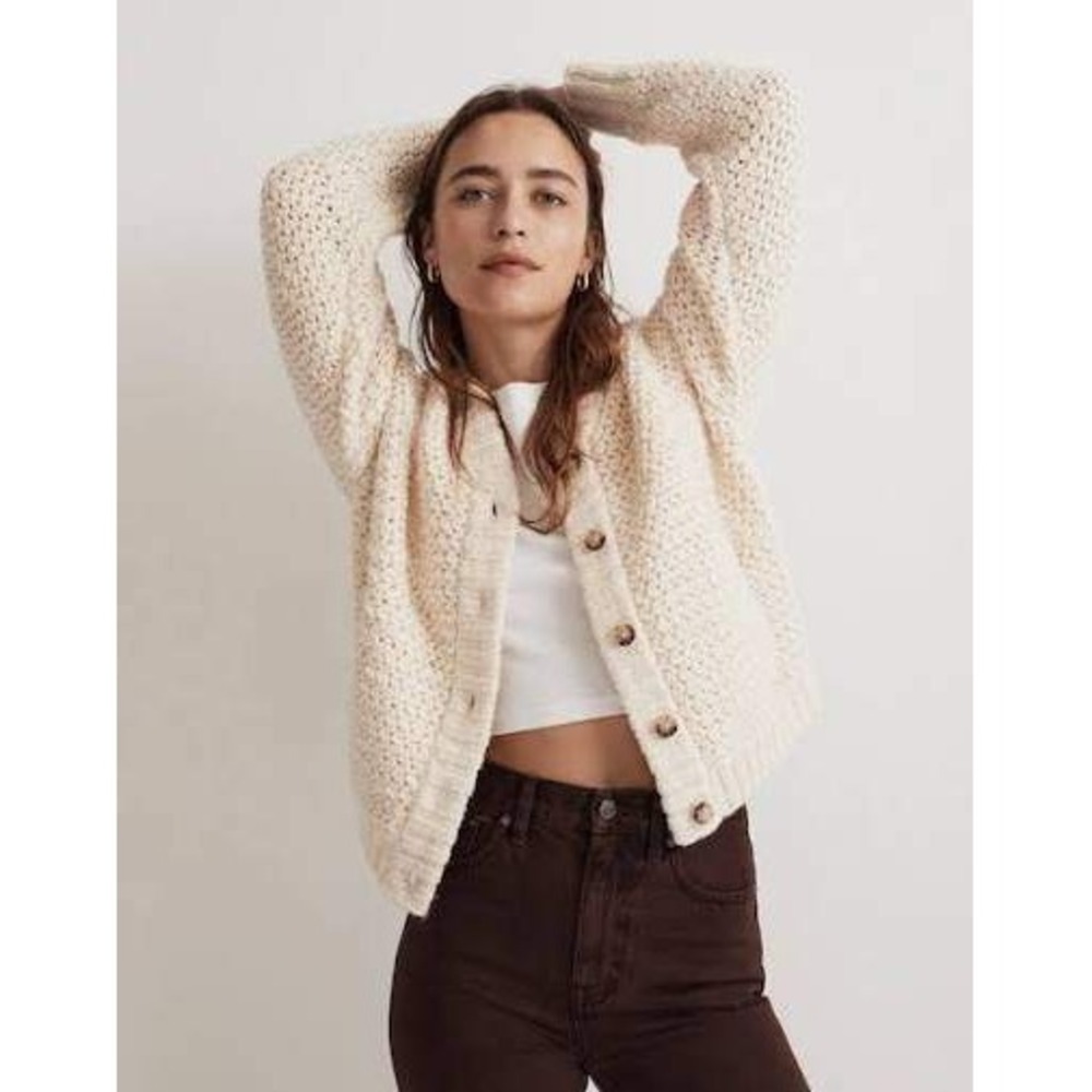 Madewell Bomber Cardigan Sweater Cream Wool Blend Chunky NM623 Womens Medium